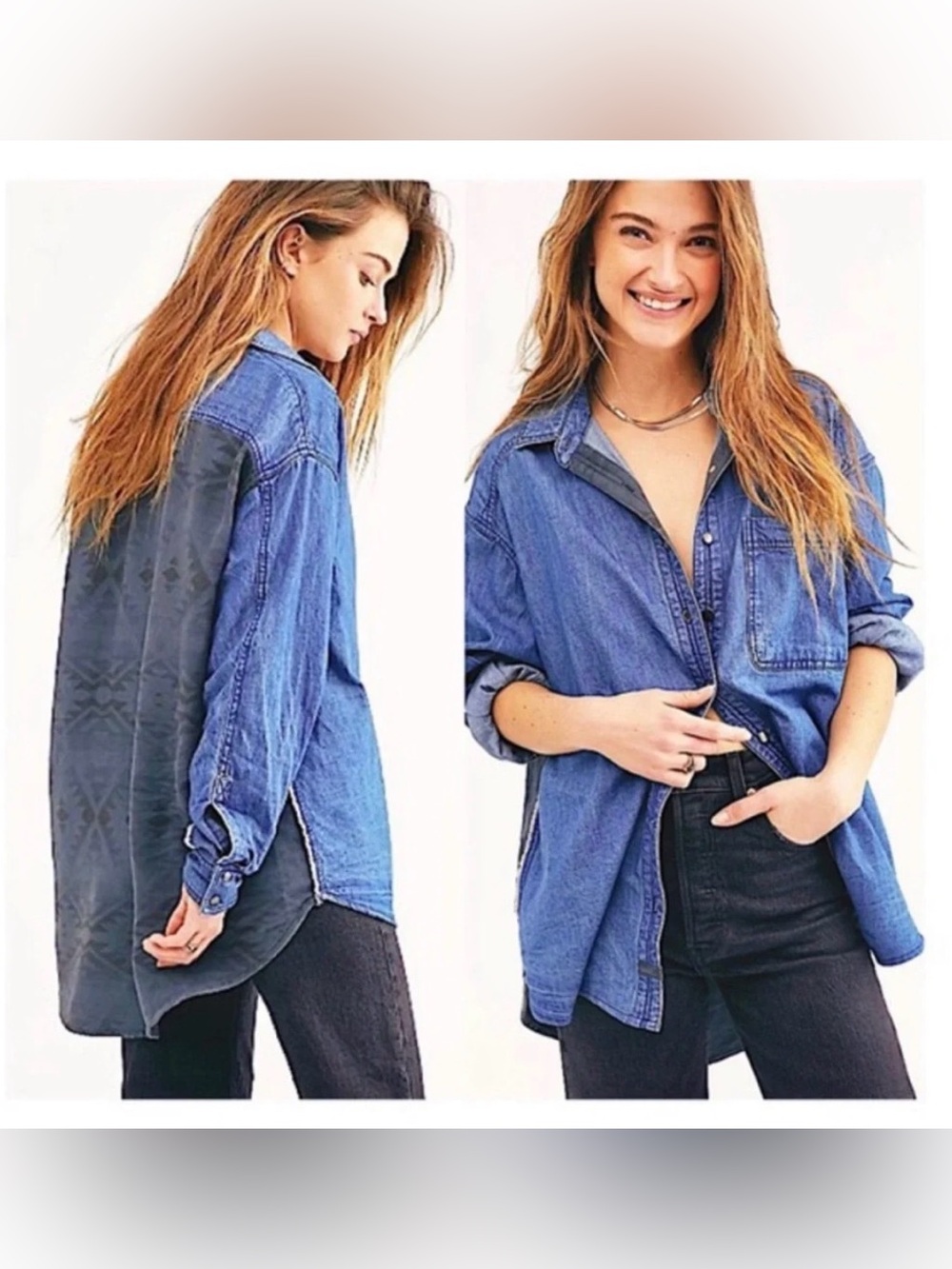 We the Free. Echo Rock Indigo Mixed Media Oversized Button Down. Size Large.